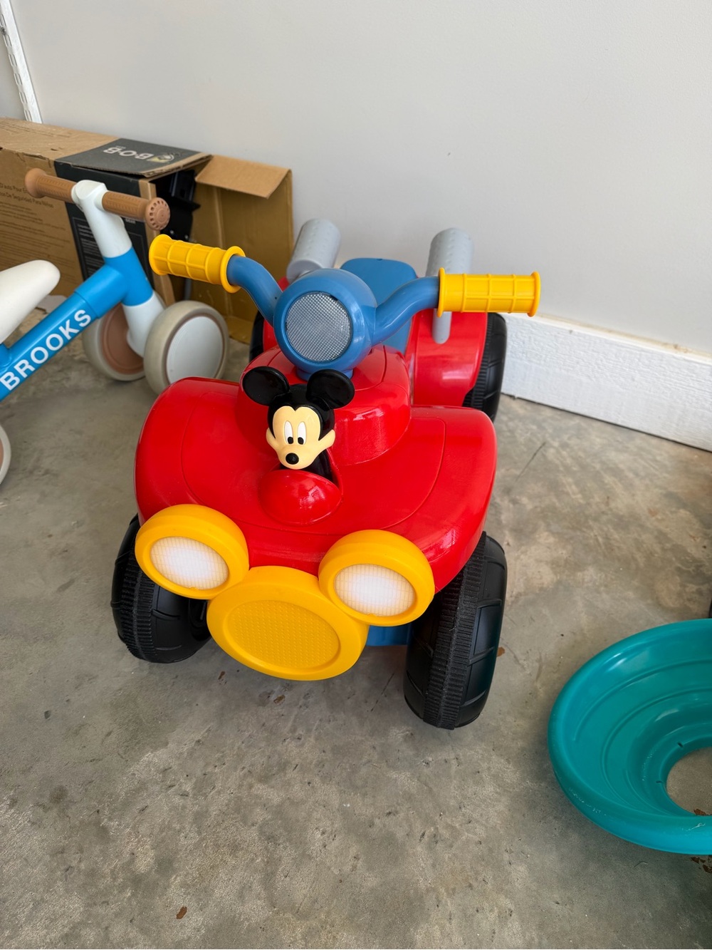 Disney Mickey Mouse Red and Yellow Ride-On Car, four wheeler